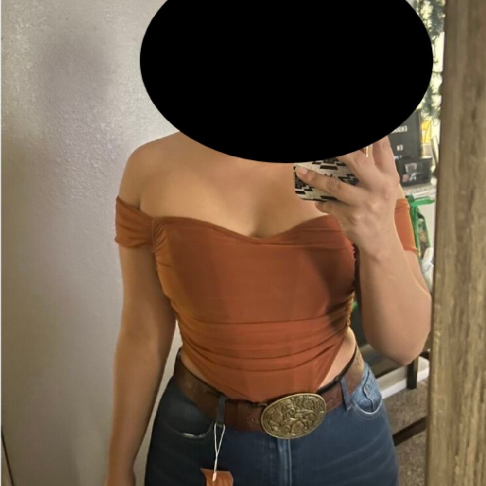 CLEARANCE - Rust Brown Off-Shoulder Ruched Mesh Fish Bone Crop Top (Large)